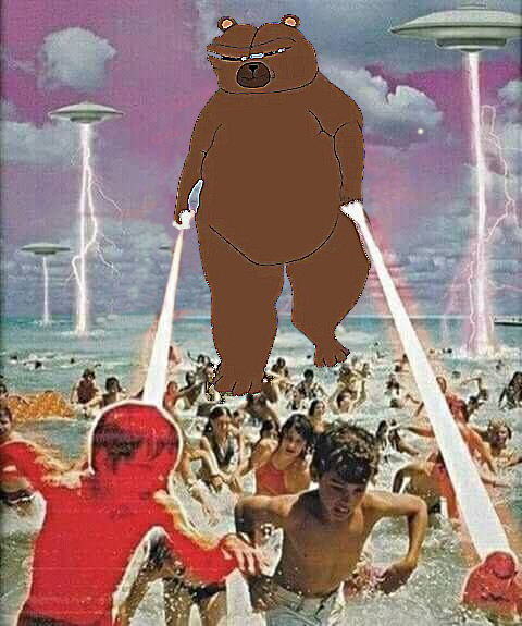 A giant cartoon bear with laser eyes towers over a chaotic beach scene of fleeing people amid UFO beams and lightning, illustrating the menacing "Return" of the $BOBO meme token.