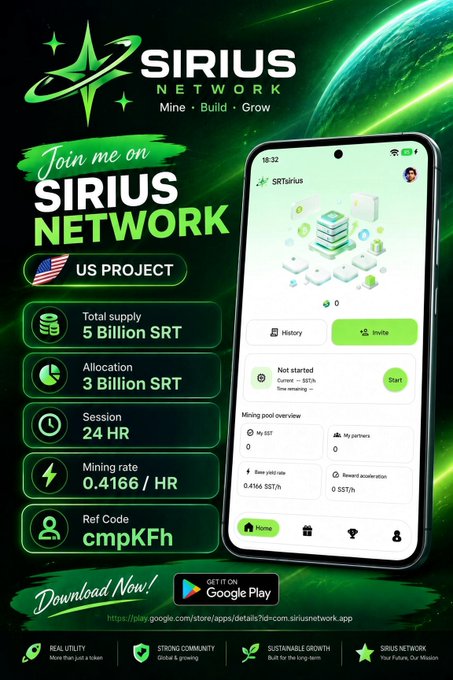 A promotional advertisement for 'SIRIUS NETWORK' crypto mining app showing phone mockup, 5 Billion SRT total supply, 3 Billion SRT allocation, 0.4166 SRT/hr mining rate, and referral code 'cmpKFh'.