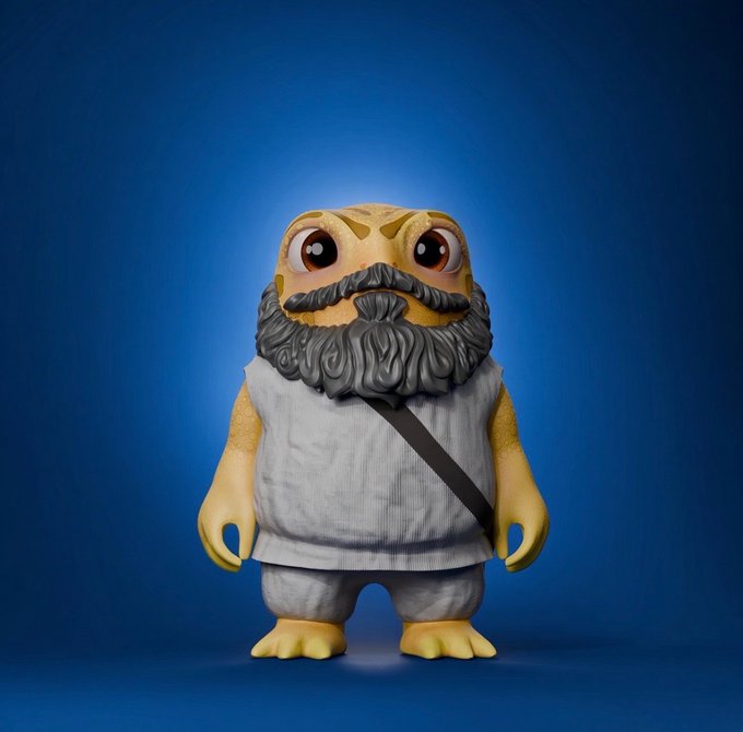 A 3D render of a small, round, yellowish creature with a large grey beard, wearing a simple grey tunic and a black strap across its chest, set against a solid blue background.