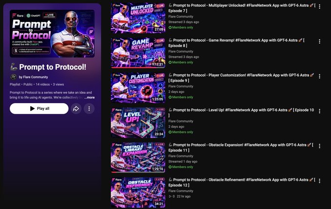 A YouTube playlist titled 'Prompt to Protocol!' by Flare Community, showing video thumbnails for episodes 7-12 about the Flare Network App with GPT-6 Astra.