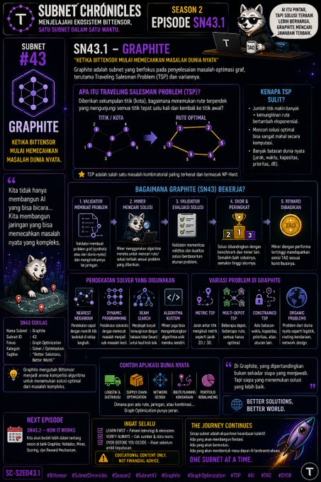 An infographic titled 'SUBNET CHRONICLES SEASON 2 EPISODE SN43.1' about 'GRAPITE,' a Bittensor subnet, detailing its problem-solving approach and evaluation methods.