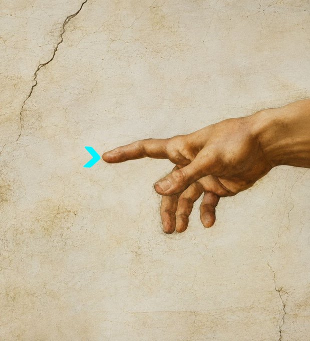 An artistic image recreating Michelangelo's 'Creation of Adam' hands with a cyan arrow pointing toward the extended finger, set against a cracked beige textured background.