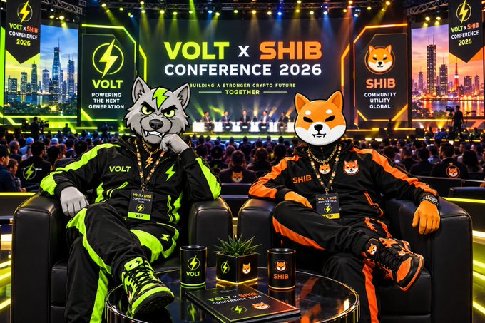 Two anthropomorphic mascots in neon green and orange tracksuits sit on black chairs at the 'VOLT X SHIB CONFERENCE 2026' with branding promoting crypto and community themes.