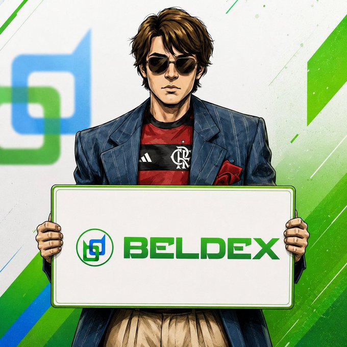 A man in sunglasses and a suit holds a sign with the BELMEX logo, representing the company's commitment to privacy in its digital ecosystem. The image visually reinforces the post's message about Beldex building an ecosystem with data protection from the ground up.