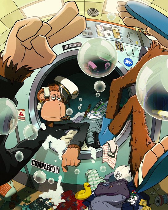 A colorful comic-style illustration of a chimpanzee wearing a suit and cap, looking out from a circular space capsule labeled 'COMPLEXCON' while floating in zero gravity with bubbles, rubber ducks, sneakers, and other items scattered around.