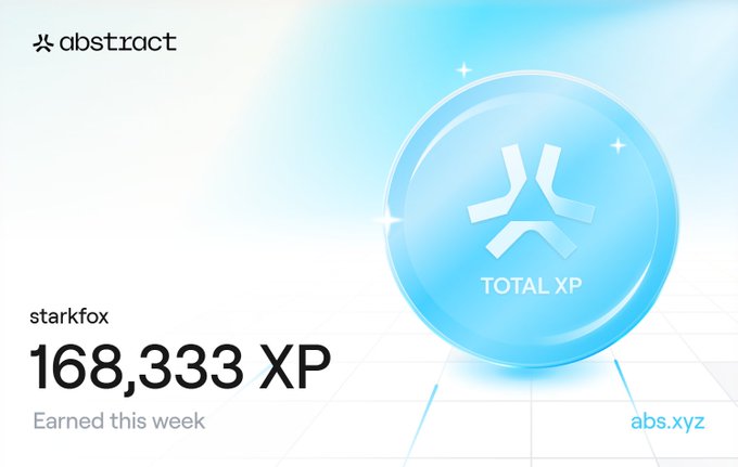 An Abstract platform XP card showing user 'starkfox' with 168,333 XP earned this week, featuring a blue translucent orb with the Abstract logo and 'TOTAL XP' text.
