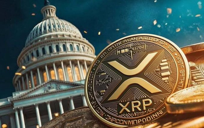 A gold XRP coin rests in the foreground with the U.S. Capitol building illuminated in the background, visually linking cryptocurrency momentum to U.S. regulatory developments, while the coin's "XRP" lettering and "21% SURGE" from the caption highlight the token's breakout above the $1.55–$1.60 resistance zone.