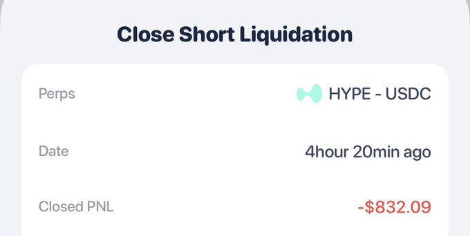 A trading interface showing a 'Close Short Liquidation' notification for HYPE - USDC perps from 4 hours 20 minutes ago with a closed PNL of -$832.09.
