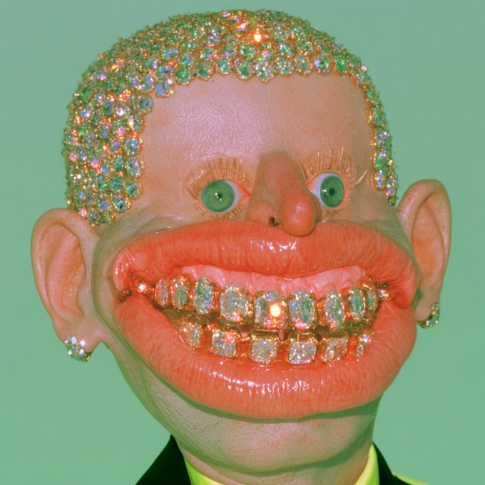 A surreal, distorted digital art portrait of a figure with glittery green-tinged hair, oversized exaggerated pink lips showing jeweled gold grillz, a bulbous nose, and green eyes against a plain mint green background.