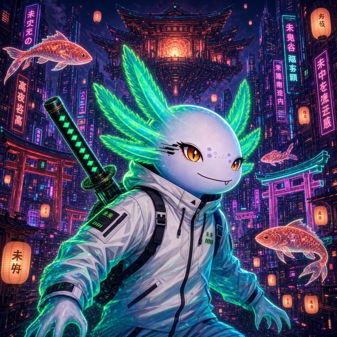 An axolotl character wearing a futuristic jacket and wielding a katana, set against a vibrant cyberpunk cityscape with neon signs and floating fish.