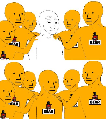 A Wojak-style meme showing orange 'BEAR' figures surrounding a white figure, who is replaced by a 'BEAR' in the bottom panel.