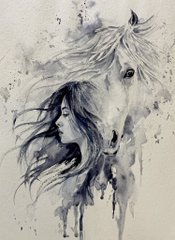 A watercolor-style painting depicting the overlapping profiles of a woman with flowing dark hair and a white horse, rendered in shades of gray and black.