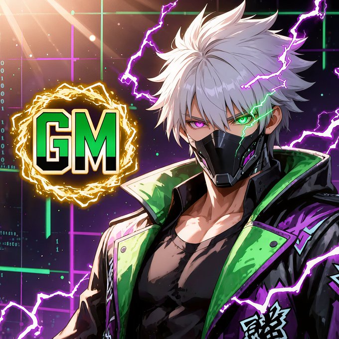 An anime-style digital illustration features a silver-haired character with a black mask and green jacket, accompanied by a glowing 'GM' badge against a purple lightning background.