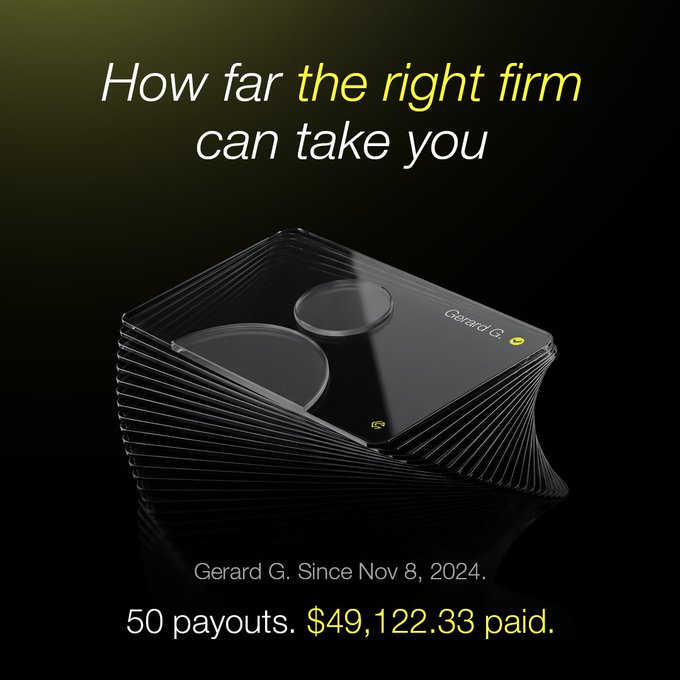 The image shows a sleek black electronic device with the "Gerard G." branding, accompanied by the headline "How far the right firm can take you" and text highlighting "Gerard G. Since Nov 8, 2024" with "50 payouts. $49,122.33 paid." This visually reinforces the post's message about Gerard's consistent earnings—$49,122 across 50 payouts since November 2024—demonstrating how the right firm can deliver substantial results.