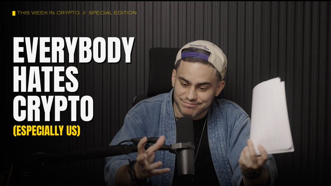 A YouTube thumbnail for 'THIS WEEK IN CRYPTO // SPECIAL EDITION' titled 'EVERYBODY HATES CRYPTO (ESPECIALLY US)' shows a man with a microphone holding papers.