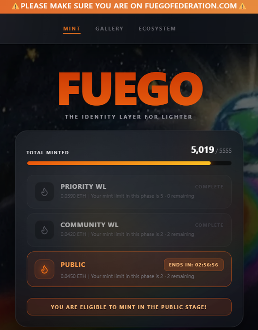 A Fuego NFT mint page showing 5,019 of 5,555 total minted with priority and community allowlists completed and the public stage ending in 02:56:56, confirming the post's "SOLD OUT EN BREVE" (selling out soon) message as the collection nears its 5,555 supply cap.
