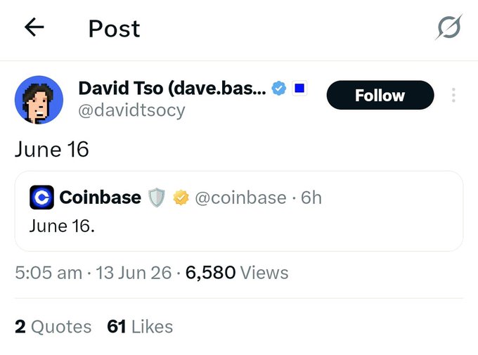The image shows a screenshot of an Instagram post that features a postcard-style layout with a blue border, white background, and a black background with text written in black. The main content of the post is about cryptocurrency andCoinbase. There are several different posts visible on this particular postcard, including a Twitter post by David Tso. The post discusses a potential Base reward for early users that was hinted at on June 16th by Coinbase. A few likes are also shown across the postcard's different sections.