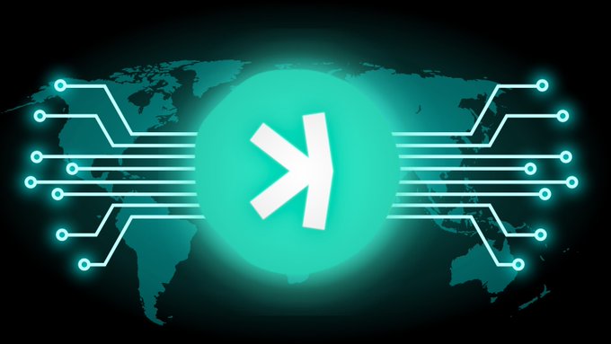 Digital graphic showing a teal Kaspa (KAS) logo over a world map background with circuit board lines extending outward.
