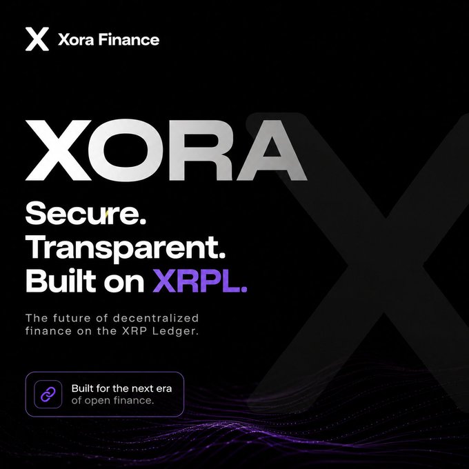 A promotional graphic for Xora Finance, a decentralized finance platform built on the XRPL (XRP Ledger), highlighting it as 'Secure. Transparent. Built on XRPL.'