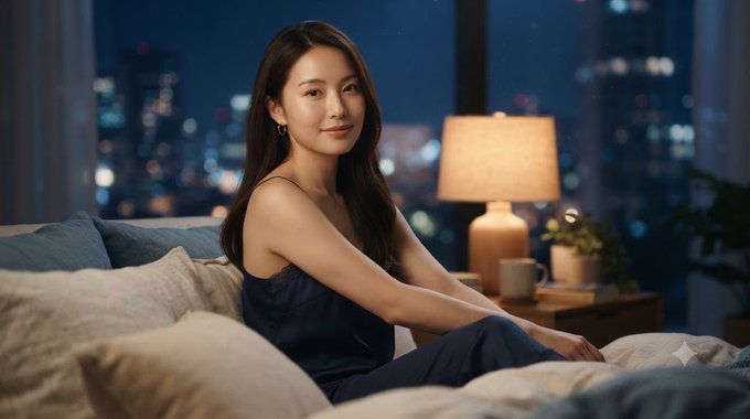 A young woman with long dark hair wearing a dark blue outfit sits on a bed in a cozy bedroom at night, with a lit lamp and city lights visible through the window behind her.