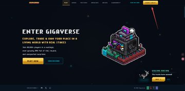 The image shows the "GIGGAVERSE" landing page with the heading "ENTER GIGGAVERSE" and an isometric illustration of a building, alongside a red arrow pointing to a navigation element in the top-right corner of the site. The instructions in the accompanying post relate to claiming a "NOOB" badge on this platform, with the arrow likely indicating where users should click to navigate to the badge claim page mentioned in step 2.