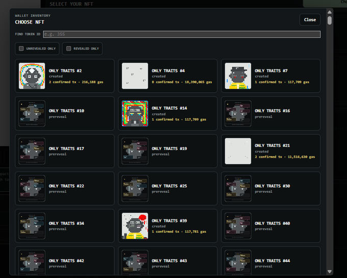 A screenshot of an NFT selection interface titled 'WALLET INVENTORY' showing various pixel-art 'ONLY TRAITS' NFTs, with options to filter by 'UNREVEALED ONLY' and 'REVEALED ONLY' and a search bar for token ID.
