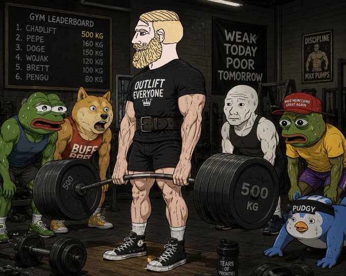 A gym meme illustration showing a muscular blonde man lifting 500kg while meme characters (Pepe the Frog, Doge, Wojak, etc.) watch in awe, with a 'GYM LEADERBOARD' listing meme names and weights, and posters reading 'WEAK TODAY POOR TOMORROW' and 'DISCIPLINE OF MAX PUMPS'.