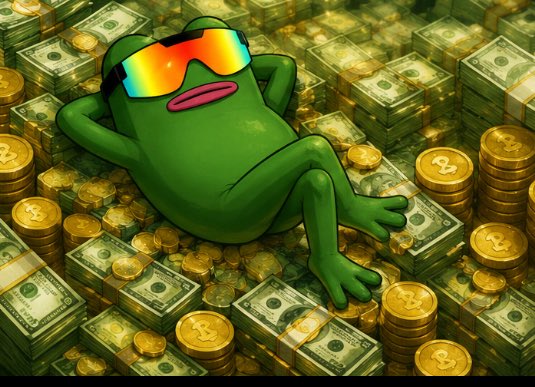A digital illustration of a green Pepe the Frog character wearing rainbow sunglasses, lounging on a pile of gold coins and dollar bills.