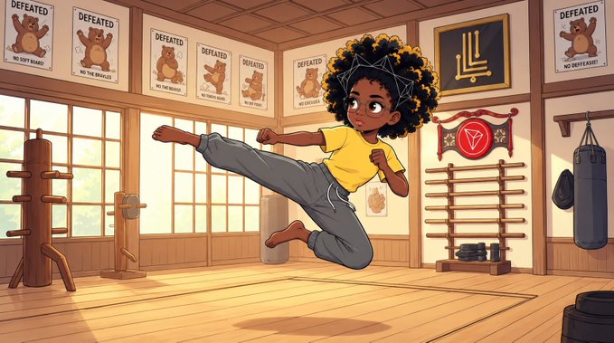 An animated illustration of a young girl with curly hair performing a flying side kick in a martial arts dojo decorated with "DEFEATED" posters of animal opponents.