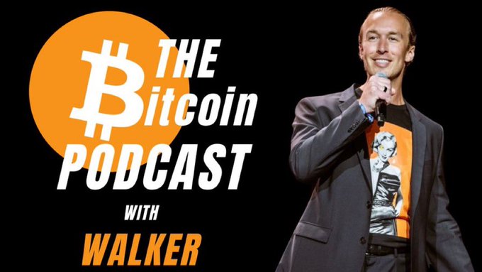 Promotional graphic for "The Bitcoin Podcast with Walker" featuring the Bitcoin logo on an orange circle next to a man in a suit holding a microphone.