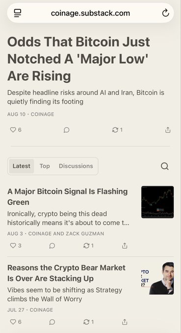 A screenshot of a Substack newsletter page from coinage.substack.com shows headlines like "Odds That Bitcoin Just Notched A 'Major Low' Are Rising" and "A Major Bitcoin Signal Is Flashing Green," with comments and likes visible. The image reflects the poster's claim of accurately timing Bitcoin bottoms, as these bullish BTC articles align with their self-described success in flagging three newsletter bottoms.