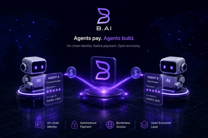 A promotional graphic for B.AI featuring the tagline 'Agents pay. Agents build.' with on-chain identity, autonomous payment, borderless access, and open economy layer features.