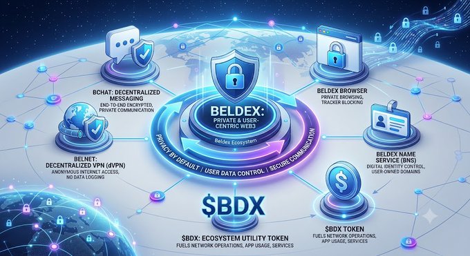 An infographic diagram of the Beldex ecosystem showing its private and user-centric networks, including BChat, BelNet VPN, Beldex Browser, Beldex Name Service, and the $BDX token.