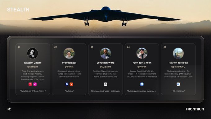 A "STEALTH" themed webpage showing a stealth aircraft silhouette above five profile cards for: Wassim Gharbi (@wassigha, Tessla Energy), Promit Iqbal (@promit), Jonathan Ward (@i_upward, Syi OpenAI), Yeok Tatt Cheah (@yeolch, Google DeepMind), and Patrick Turricelli (@patrickturri_, Z Fellow), with "FRONTRUN" branding.