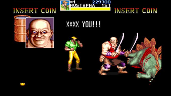 A screenshot from a retro arcade fighting game showing characters including a man with swords, a man in yellow pants, and a green monster, with 'INSERT COIN' and 'XXXX YOU!!!' displayed.