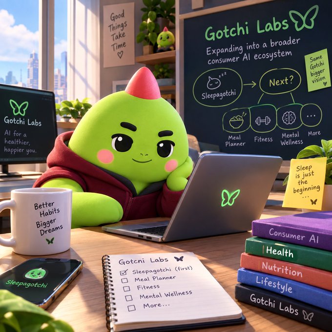 A green mascot character in a maroon hoodie works on a laptop displaying the Gotchi Labs butterfly logo, with a whiteboard outlining their expansion from "Sleepagotchi" into a broader consumer AI ecosystem including Meal Planner, Fitness, Mental Wellness, and more. The image illustrates the post's message that sleep is merely the entry point, with a notebook checklist showing planned expansions and sticky notes declaring "Sleep is just the beginning" and "Same Gotchi, bigger vision."