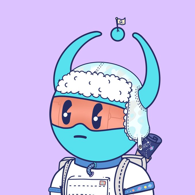Cartoon illustration of a teal robotic/alien character wearing a fluffy winter hat with ear flaps, orange ski goggles, and a white outfit against a lavender background.