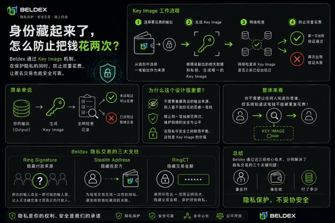 The infographic explains Beldex’s “Key Image” mechanism, which creates a unique key image for each spent output, allowing the network to detect double-spending without revealing the sender’s identity. It also highlights Beldex’s privacy pillars—Ring Signature, Stealth Address, and RingCT—and states, “隐私保护，不妥协安全” (“Privacy protection, uncompromising security”).