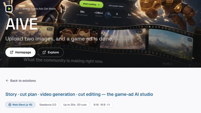 A website screenshot for 'AIVE — Where Game Ads Get Made,' advertising AI-powered game ad creation with stats like '30s Max video length,' '<10min Ready,' '6 Graphic styles,' and '5+ Platforms.'