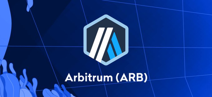 Graphic displaying the Arbitrum (ARB) cryptocurrency logo with a hexagonal emblem on a blue background.