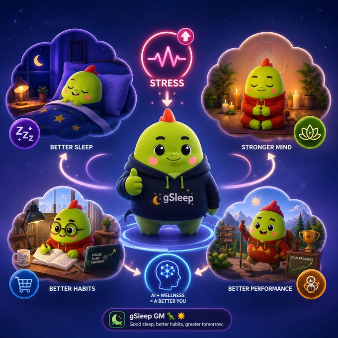 A green mascot wearing a "gSleep" hoodie stands at the center, surrounded by four cloud scenes depicting "Better Sleep," "Stronger Mind," "Better Habits," and "Better Performance," all flowing from a "Stress" icon above to an "AI + Wellness = A Better You" brain icon below, promoting the tagline "gSleep GM - Good sleep, better habits, greater tomorrow."