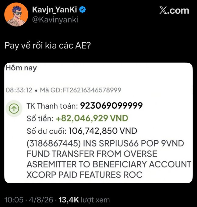 A screenshot of a tweet from user @Kavjnyanki (@Kavjn_YanKi) showing a bank transaction screenshot in Vietnamese for a payment of +82,046,929 VND from 'INS SRPIUS66 POP 9VND FUND TRANSFER FROM OVERSE ASREMITTER.'