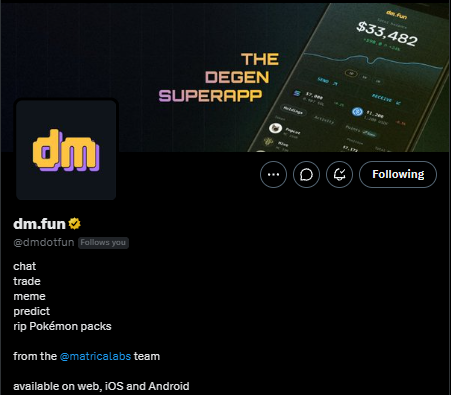 The image shows the X (formerly Twitter) profile page for @dmdotfun, featuring "THE DEGEN SUPERAPP" branding with a balance of $33,482 displayed and the logo "dm." The bio describes it as a chat, trade, meme, and predict platform that lets users "rip Pokémon packs," built by the @matricalabs team and available on web, iOS, and Android.

The profile page visually supports the post celebrating that the @dmdotfun account has been restored, showcasing the brand's official presence as a crypto-related "superapp" with a verified badge and follower of the poster.