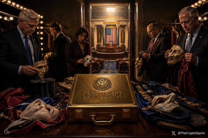 A political allegory image titled 'CLARITY ACT' showing masked politicians in a theater dressing room with an American flag on stage, watermarked '@TheCryptoSquire'.