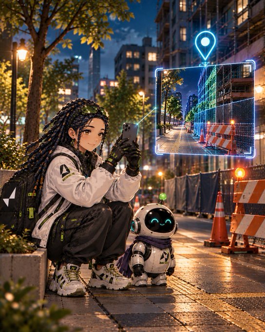 A digital illustration of a young woman with dreadlocks crouching on a nighttime city street, holding up a phone that displays a holographic location map, accompanied by a small white robot with glowing eyes.