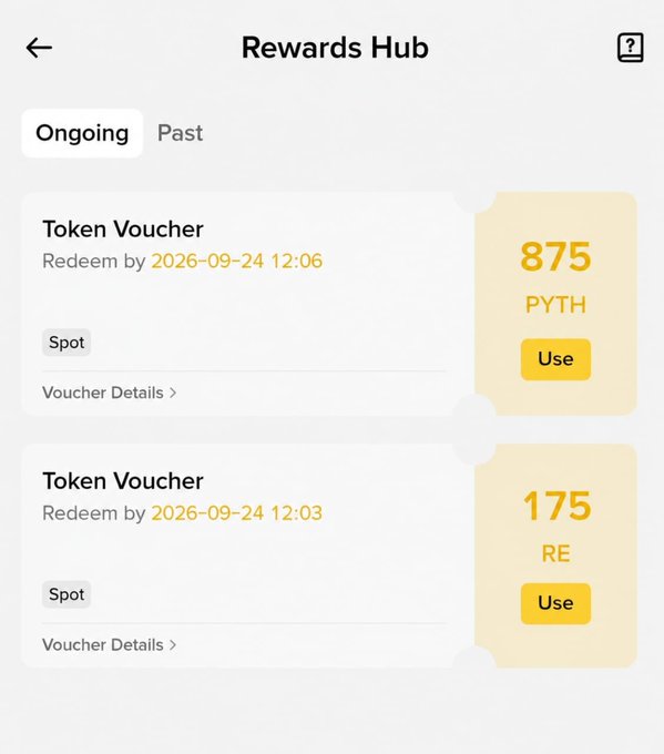 A 'Rewards Hub' screen showing two token vouchers: 875 PYTH and 175 RE, both available to redeem by 2026-09-24.