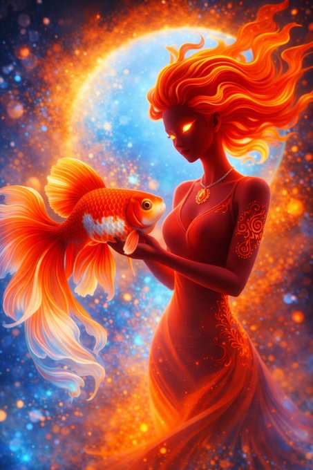 A fiery fantasy woman with glowing eyes and flowing hair holds a vibrant goldfish against a cosmic blue and orange backdrop.