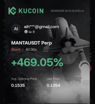 A KuCoin trading screenshot shows a +469.05% profit on a short position for MANTAUSDT Perp (averaging opening price 0.1535, last price 0.1354), illustrating the trader's successful short on $MANTA that turned a small position into a substantial gain.