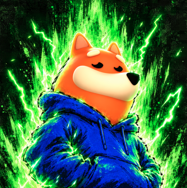 A digital illustration of an orange Shiba Inu dog wearing a blue hoodie, surrounded by dramatic green lightning and an aura effect.
