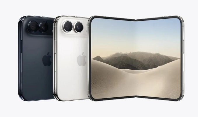 Three smartphones including two foldable devices (one black, one white) are displayed against a white background, with the open phone showing a desert dune wallpaper.